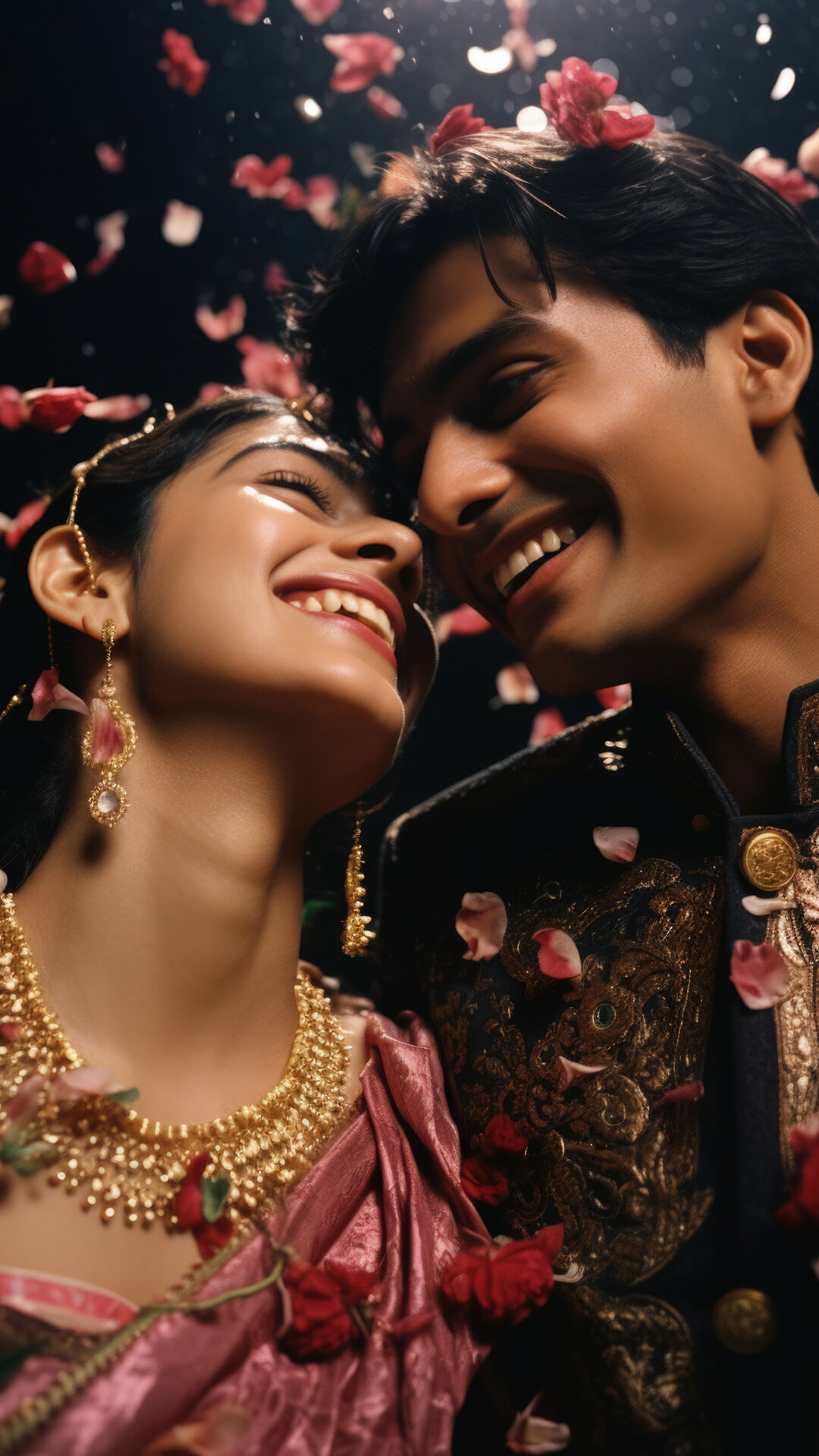 Joyful Indian bride and groom smiling under falling rose petals during a wedding celebration
